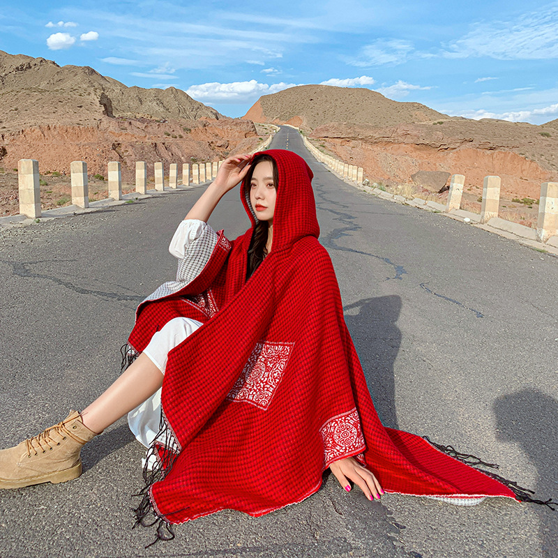 旅行披肩女士仿羊绒秋冬围巾外搭格子欧美外贸民族风开叉加厚斗篷|ru