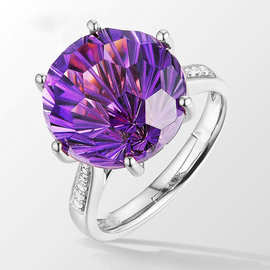 韩版高端热卖六爪紫水晶戒指气质彩宝石戒指钻戒时尚欧美活口戒指