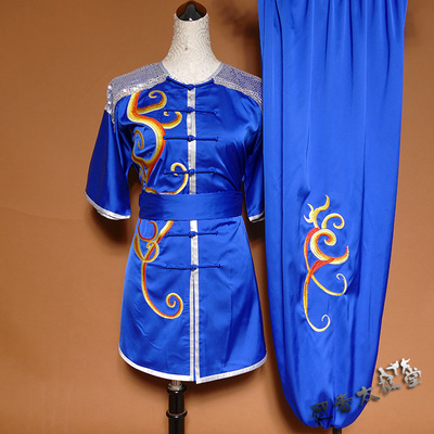 Tai chi clothing chinese kung fu uniforms Sapphire Blue Women long boxing suit embroidered martial arts performance suit Sequin coach competition uniform