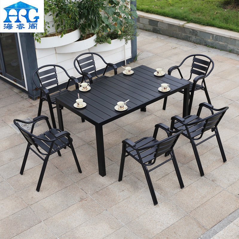 Outdoor table and Chair combination Outside plastic wood balcony tea table garden cafe simple casual imitation wooden wrought iron table