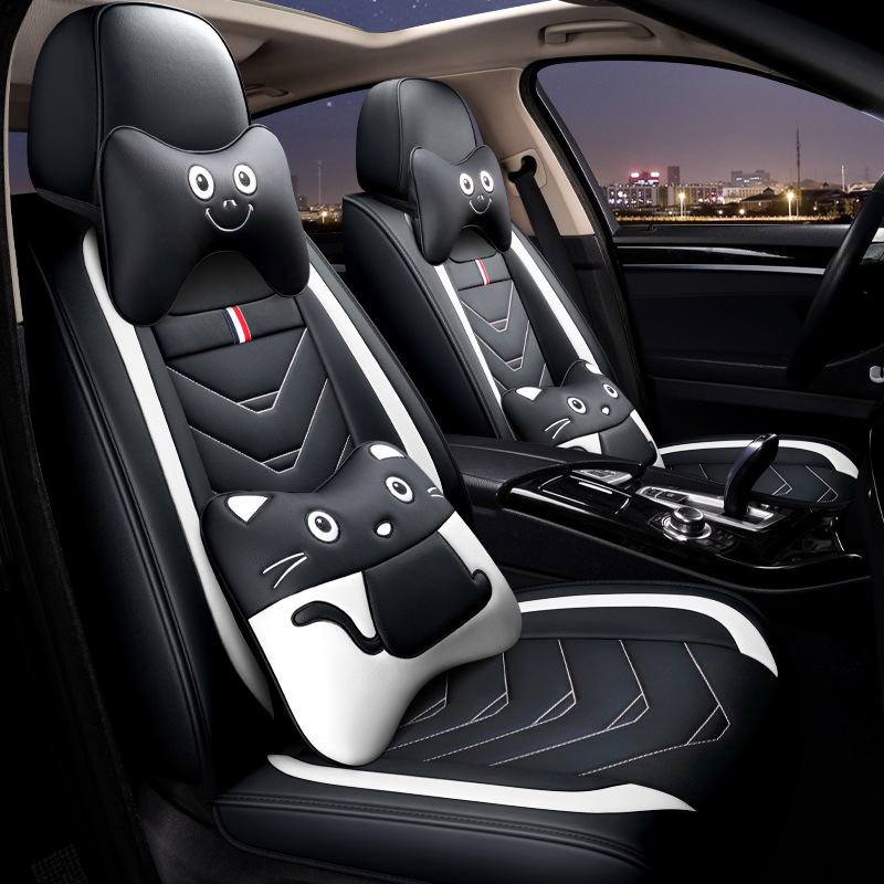 新款汽車夏季坐墊 無縫全包纖維皮座墊 四季通用汽車坐墊卡通車墊