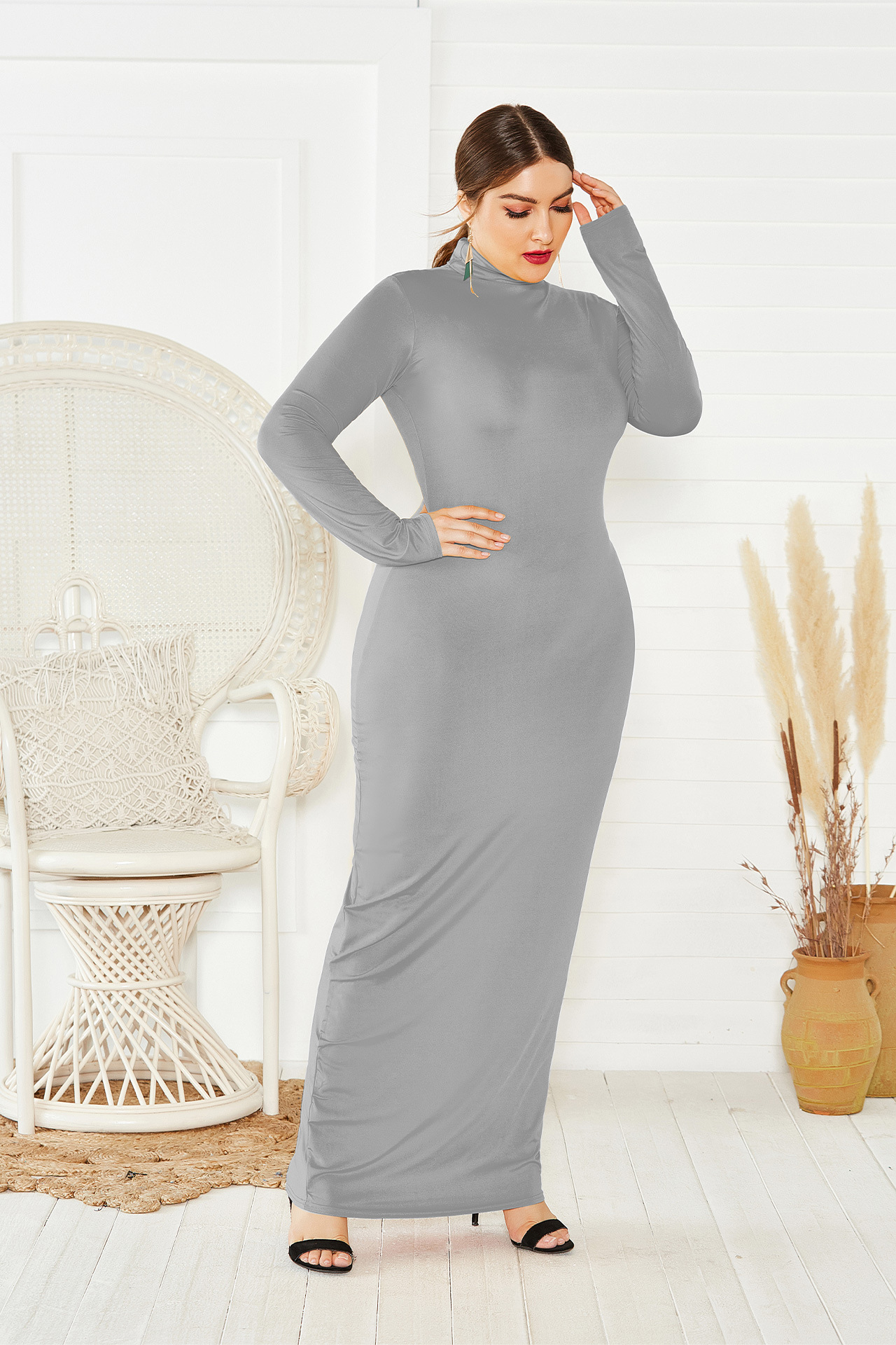 high neck long sleeve fashion plus size dress NSLM33249