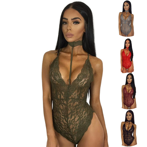 Foreign trade European and American sexy lingerie sexy lace lingerie transparent babydoll female lace jumpsuit
