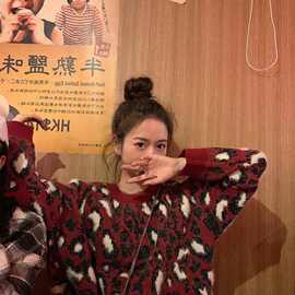 2022新款复古豹纹茧型套头毛衣女日系秋冬外穿针织上衣慵懒洋气