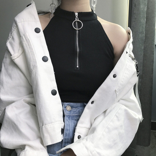 Wholesale Hong Kong style chic retro zipper high neck slimming short vest strapless women's hanging neck undershirt 