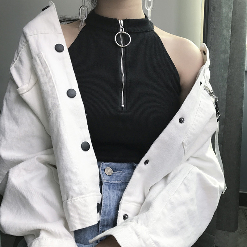 Wholesale Hong Kong-style chic vintage zipper turtleneck slim slim short vest strap women's neck base top