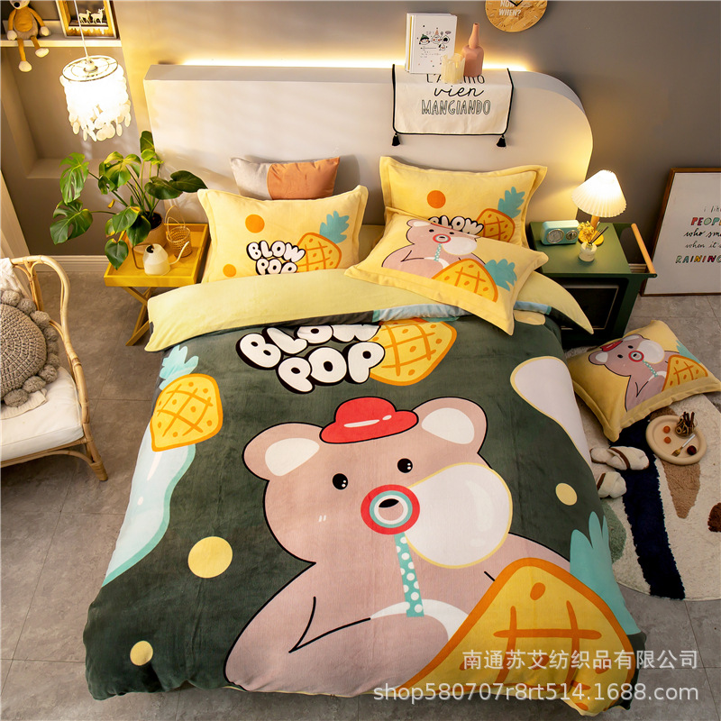 冬季牛奶绒四件套珊瑚绒卡通风法莱绒被套绒床笠床上用品批发团购|ms