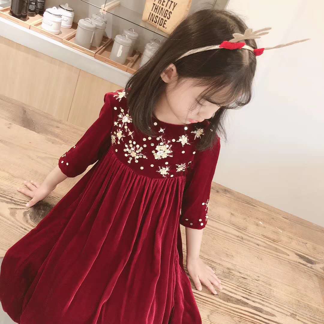 现货M2436红丝金丝绒连衣裙|ru