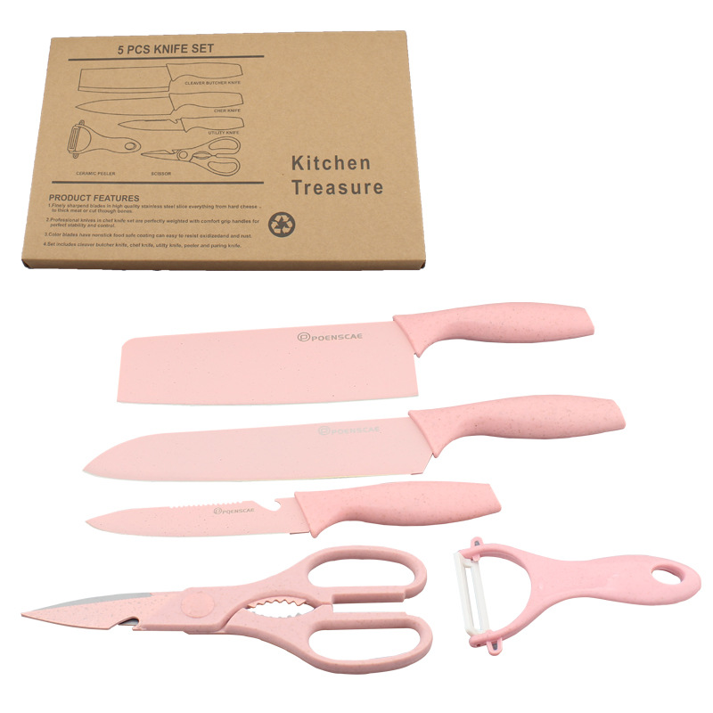 厂家直销厨房组装套刀厨用五件套麦杆手柄不锈钢组合刀具