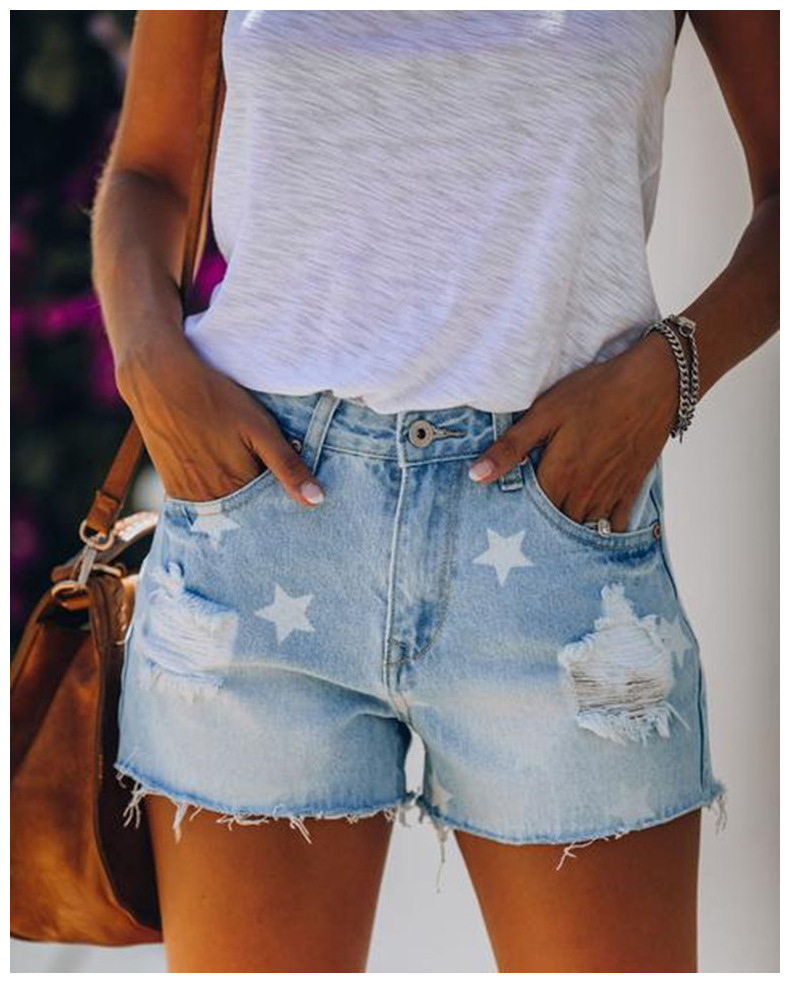 ripped mid-waist star pattern raw edge denim shorts nihaostyles wholesale clothing NSJRM81830