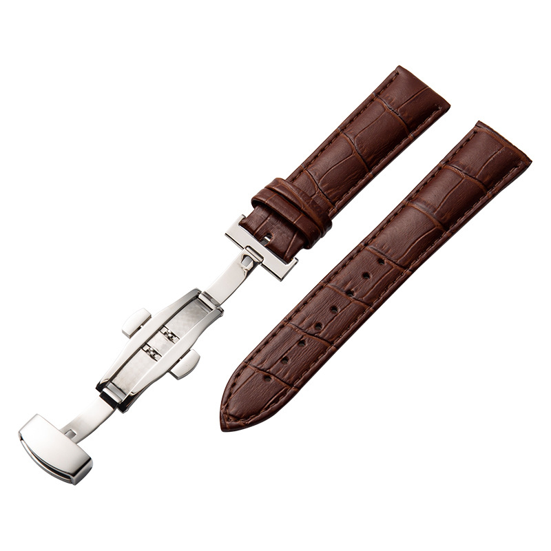 Ventas directas de fábrica correa de cuero de becerro de dos capas doble prensa hebilla de mariposa patrón de bambú hombres y mujeres correa de reloj Accesorios