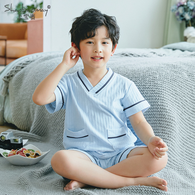 어퍼 바오 마이 어린이 잠옷 반소매 소년 잠옷 홈 의류 세트 여름 새 어린이 에어컨 옷 파자마 얇은