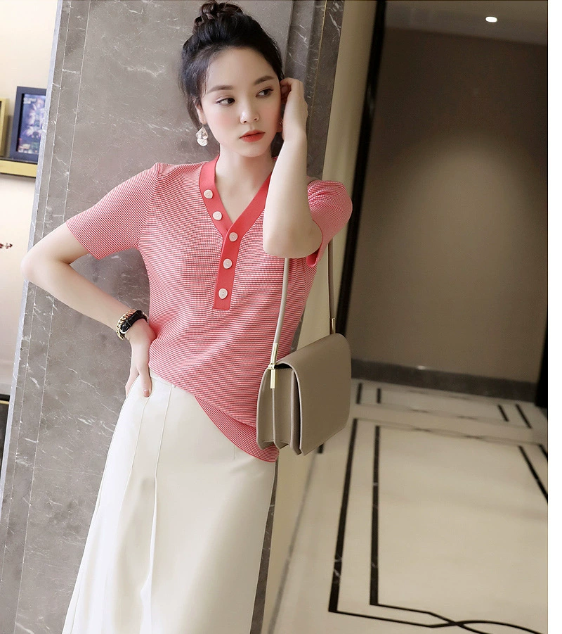 [Специальная цена не будет возвращена] 2023V ошейник с белой пряжкой, украшенный жаккардовой полоской свитер из ледяного шелка