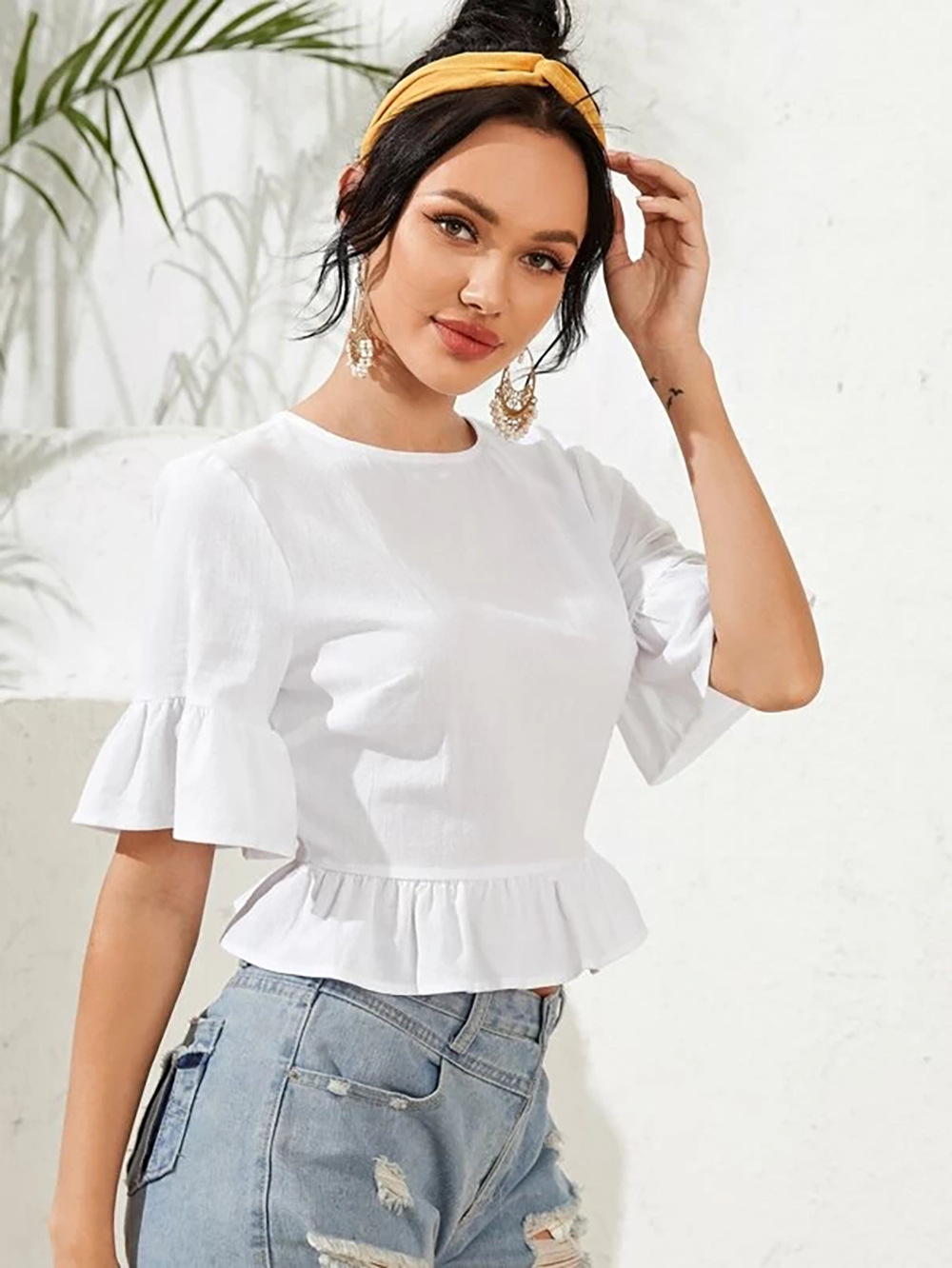 summer new hot sale tops women s solid color short-sleeved sexy backless ruffled shirt NSDF509