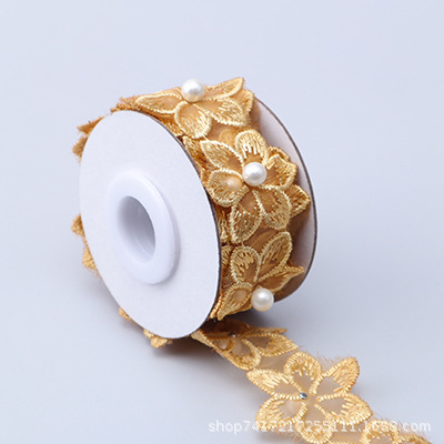 En stock 3,3 cm de una sola capa de flores bordadas de seis pétalos de flores orden perla encaje de organza de encaje ropa de falda de DIY