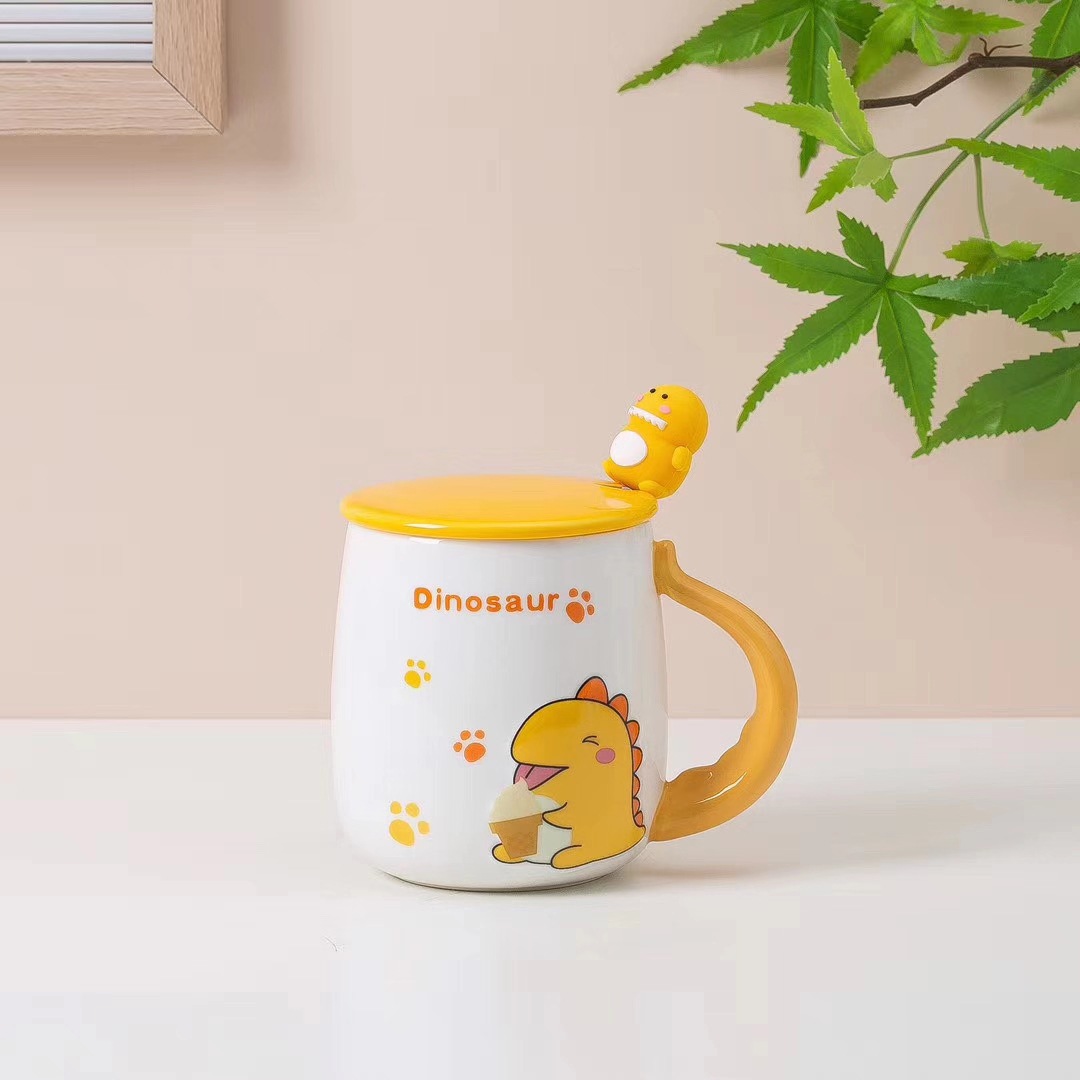 Creativo INS lindo personalidad dinosaurio Taza de cerámica con tapa cuchara regalo taza Oficina bebida taza