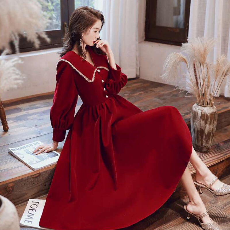 Velvet Toast Dress 2026 New Autumn and Summer Thickened Dress Bride Wedding Burgundy Homecoming Dress Banquet Gown Velvet Toast Dress 2026 New Autumn and Summer Thickened Dress Bride Wedding Burgundy Homecoming Dress Banquet Gown