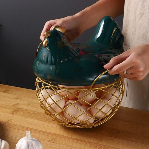 Creative Nordic household ceramic egg basket, fruit and vegetable miscellaneous basket, kitchen iron storage basket, hen decoration storage