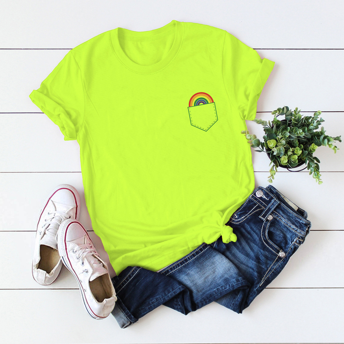 Cute Pocket Rainbow Cotton Short-Sleeved T-Shirt NSSN13840