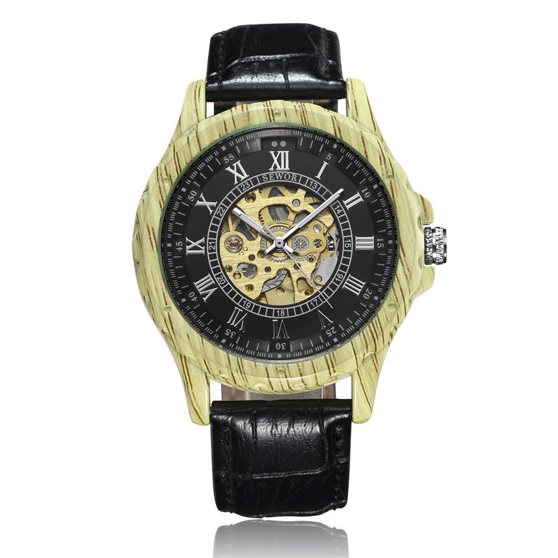 SEWOR hombres de negocios reloj mecánico automático de madera correa de cuero hueco transparente inferior mecánico reloj de madera maciza 001