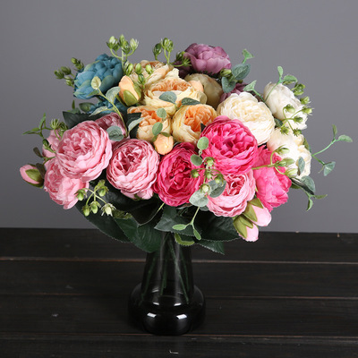 廠家批發仿真人造絹花五頭小牡丹婚慶裝飾假花客廳裝飾擺件