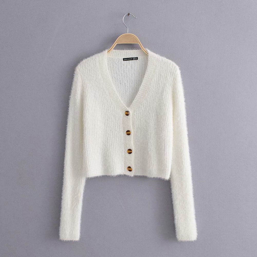 long-sleeved V-neck cropped fuzzy sweater cardigan  NSAM8803