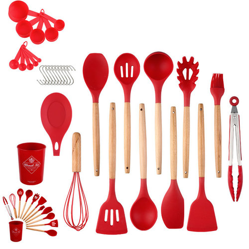 Wholesale silicone kitchen utensils with wooden handles 33-piece set silicone spoon spatula kitchen gadget set silicone holder kitchen utensils