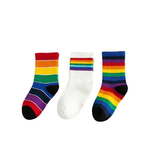 3 pairs Children's stage performance rainbow striped socks  tube socks Trendy stockings for boys and girls Student baby cotton socks