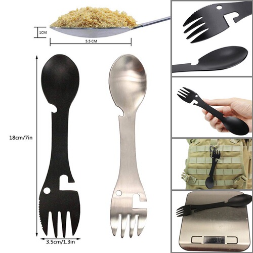 Stainless steel multifunctional knife, fork and spoon picnic 5-in-1 all-in-one fork and spoon EDC gadget outdoor camping convenient tableware