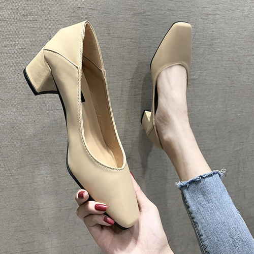  Spring New Two-Wear Single Shoes Women's Shoes Medium Heels Thick Heels High Heels Square Toe Granny Shoes Shallow Mouth Work Shoes