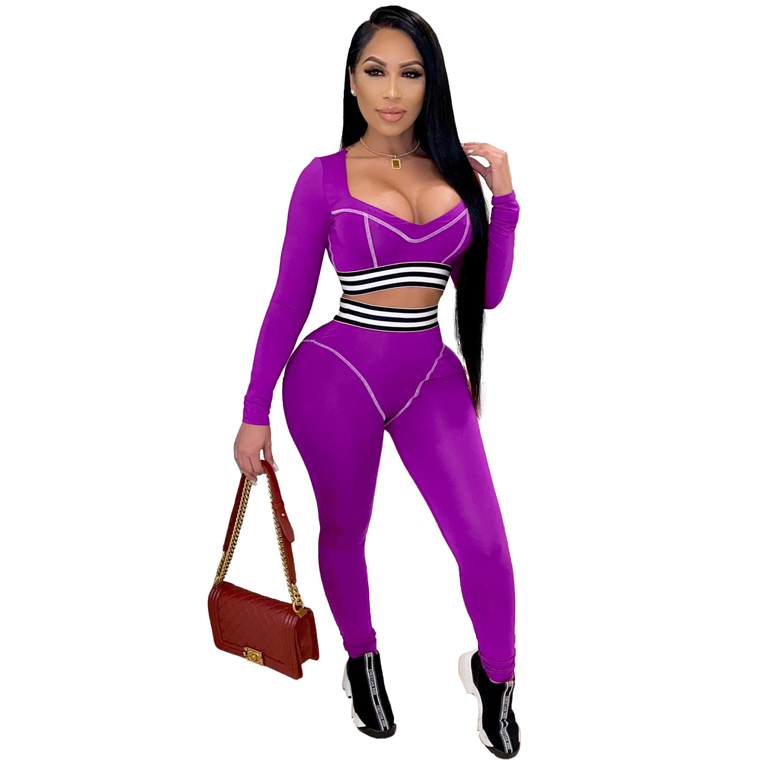 Women's Simple Style Solid Color Cotton Blend Polyester V Neck Tracksuit Wrap Crop Top Skinny Pants Sweatpants display picture 29