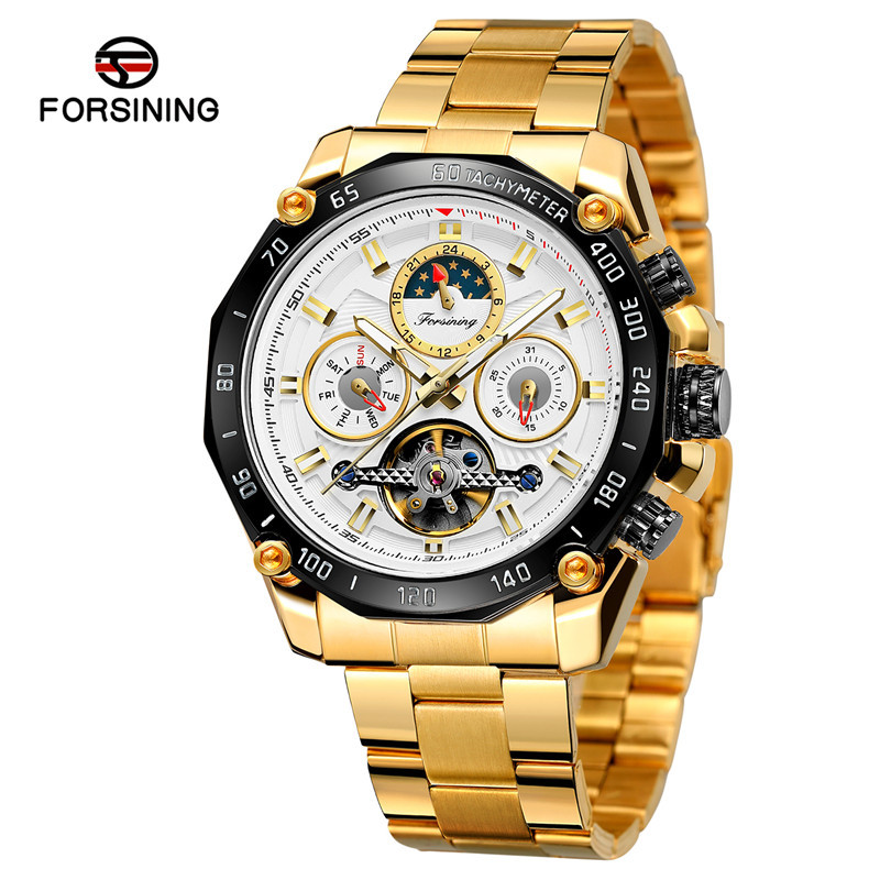 FORSINING hombres de negocios correa de acero reloj mecánico automático multifunción reloj de seis pines Placa de reloj mecánico 6913