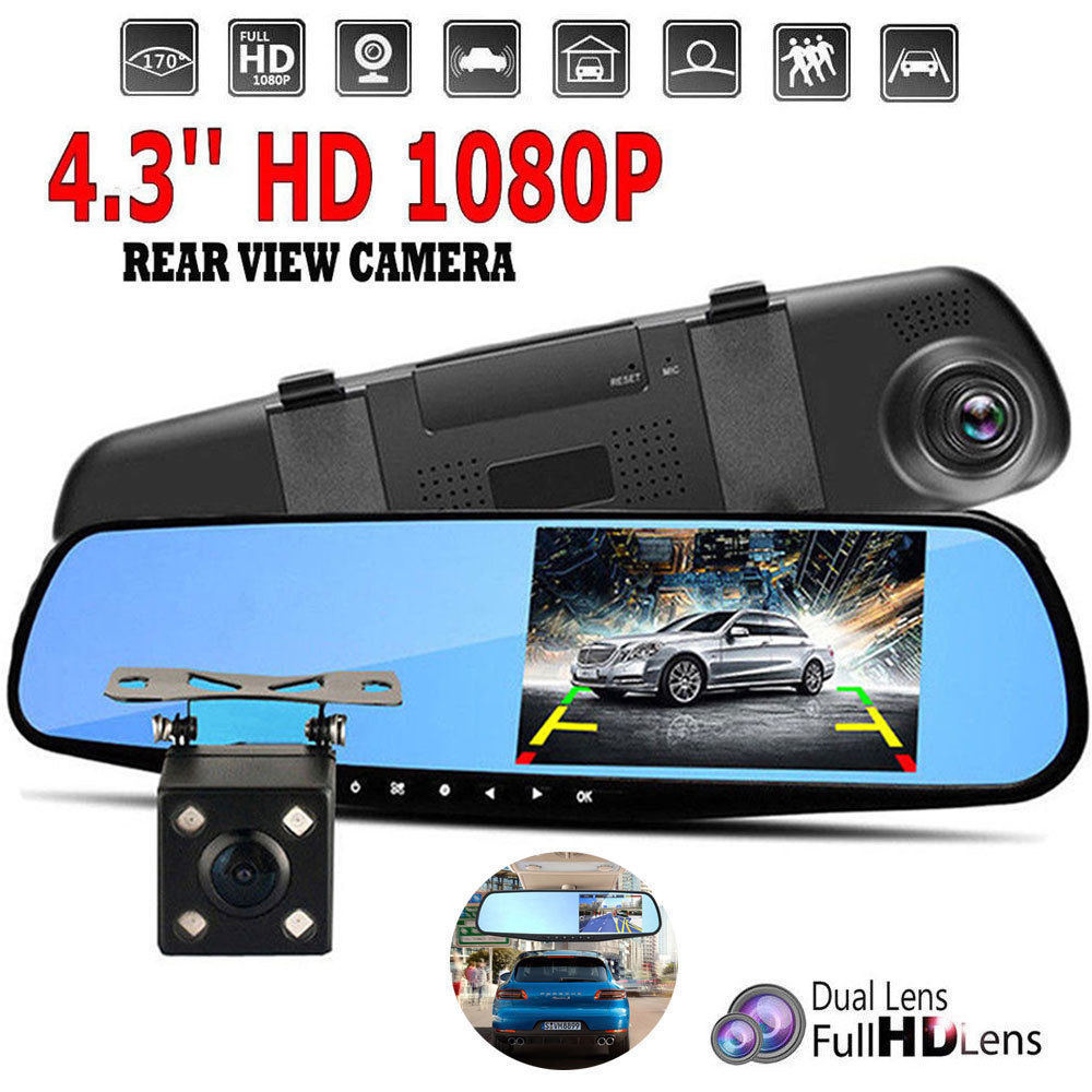 4.3'' 1080P Car DVR Mirror Dash Cam +Rear View Camera Kit
