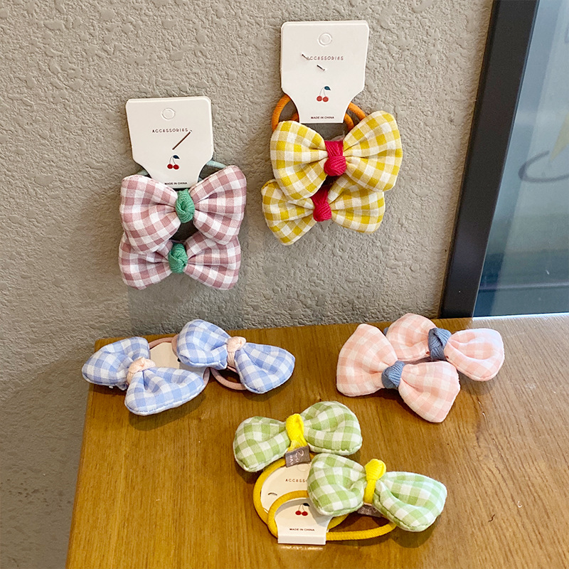 Kleines Frisches Stoff Kariertes Haarseil Haarschmuck Bowknot Kopfs Eil Kopf Bedeckung Kinder Verletzen Das Haar Nicht Gummiband Prinzessin Haarring Frauen display picture 2