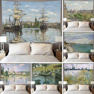 Amazon Oil Painting Tapestry Monet Mural Background Cloth Boat Printing Tapestry Hanging Cloth Art Home Decoration