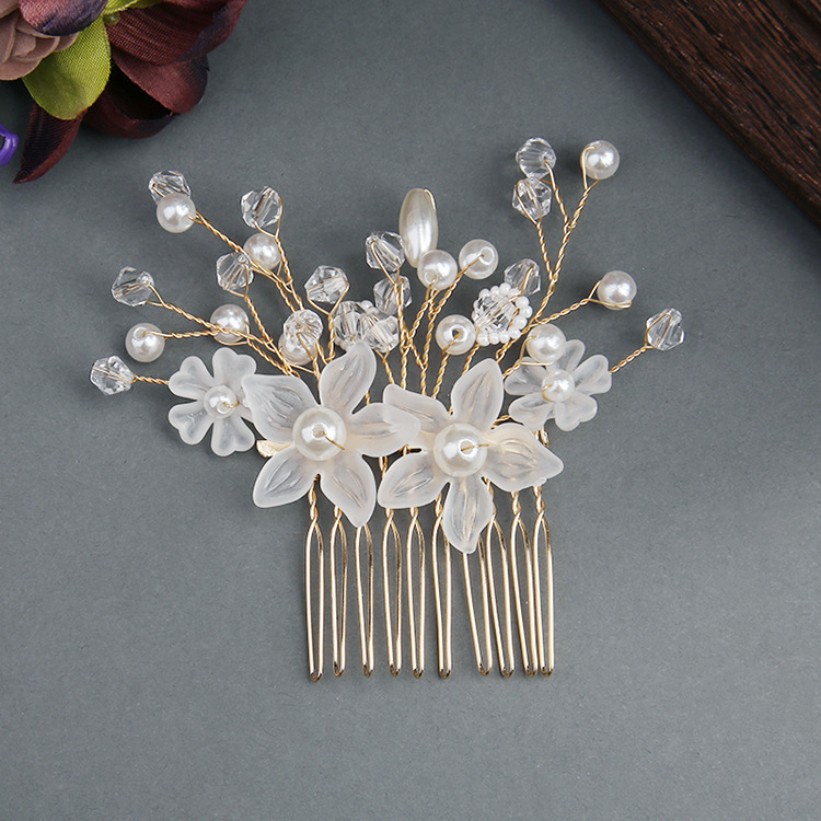 Alibaba.com Bride's Hair Accessories - Sanding Crystal White Flower Fake Pearl Handmade Hairpin Wedding Hair Comb Accessory