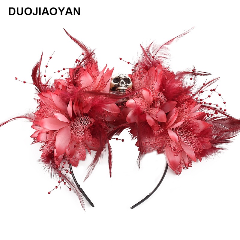 New Red Fabric Flower Feather With Skull Plastic Headband Halloween Headdress Factory Direct Sales display picture 8