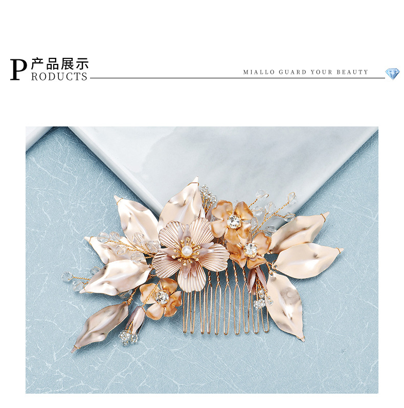 Fashion New  Bride High-end Hair Accessories Layered Creative Hair Comb Golden Flowers Hand-combed  Veil Accessories  Wholesale display picture 5