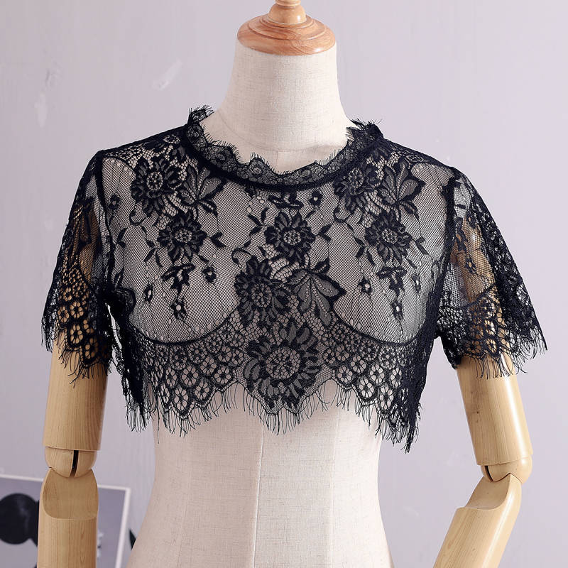 20 summer new Korean style lace blouse round neck short fake collar women's short sleeve bottoming hollow-out fake collar all-match