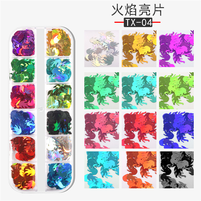 Lentejuelas de uñas populares transfronterizas láser hoja de arce mariposa carta llama lentejuelas DIY caja de tira lentejuelas de uñas