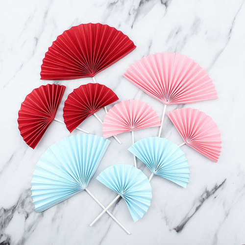 Semi-circular pink and blue folding fan sunflower paper fan flower Chinese fan birthday cake decoration plug-in