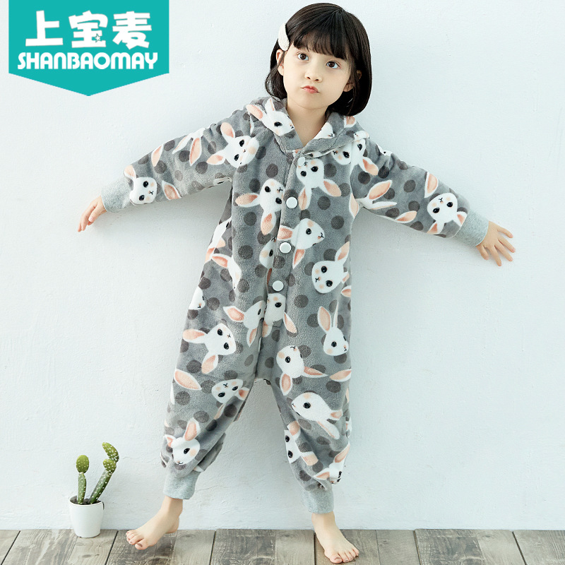 어퍼 바오 마이 가을과 겨울 어린이 슬리퍼 플란넬 따뜻한 어린이 파자마 산호 양털 소년 소녀 두꺼운 홈 옷