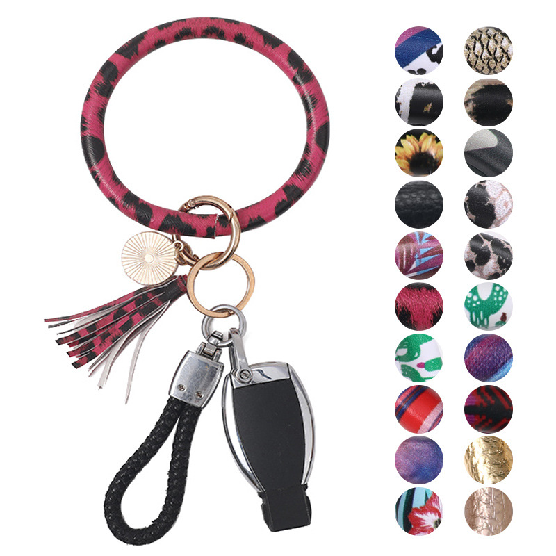 亞馬遜新款鑰匙扣手環印花PU皮革手镯女包包流蘇汽車鑰匙挂件定制