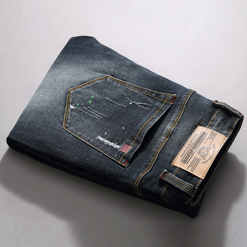 Broderade slim fit stretch straight jeans för män_voghion.com
