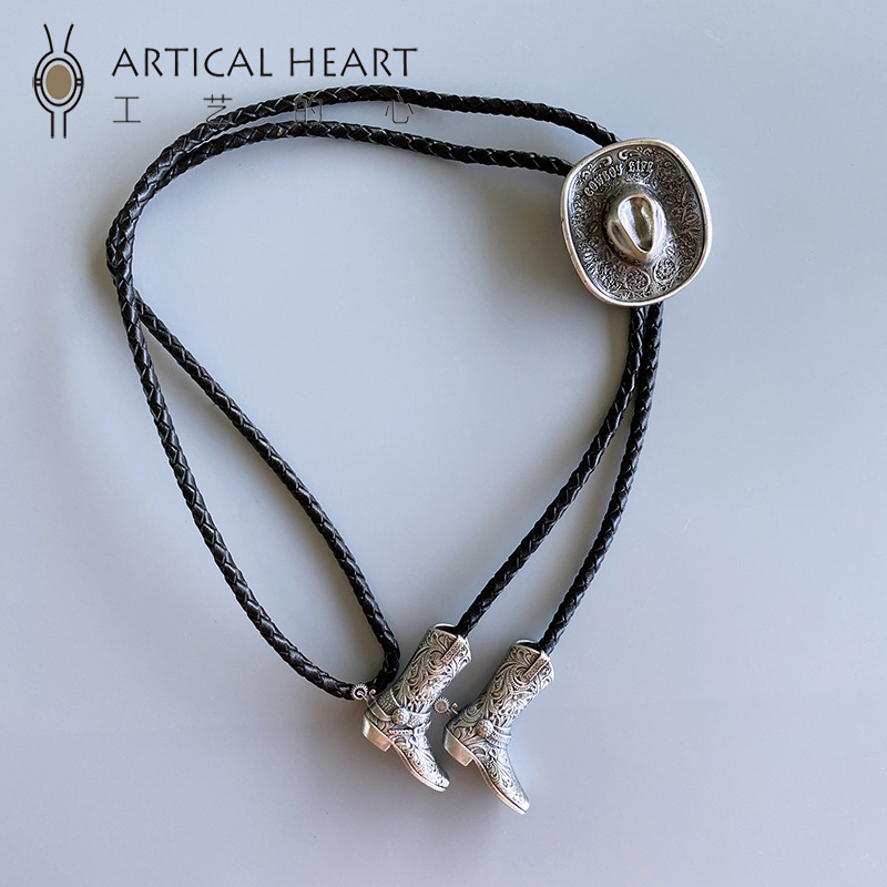 Cappello placcato in argento antico autentico, classico stile western da cowboy, cravatta Bolo_voghion.com