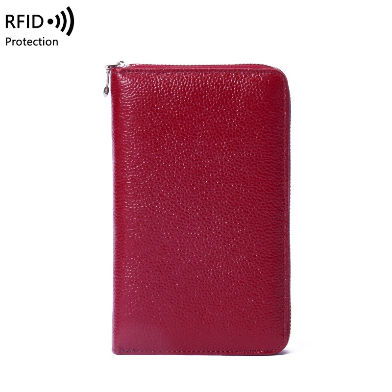 Кожаный паспортник, длинный кошелек из козьей кожи с защитой RFID, молния и цепь