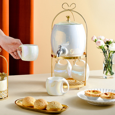 創意大容量水具陶瓷冷水壺水杯套裝家用啤酒桶果汁飲料壺帶水龍頭