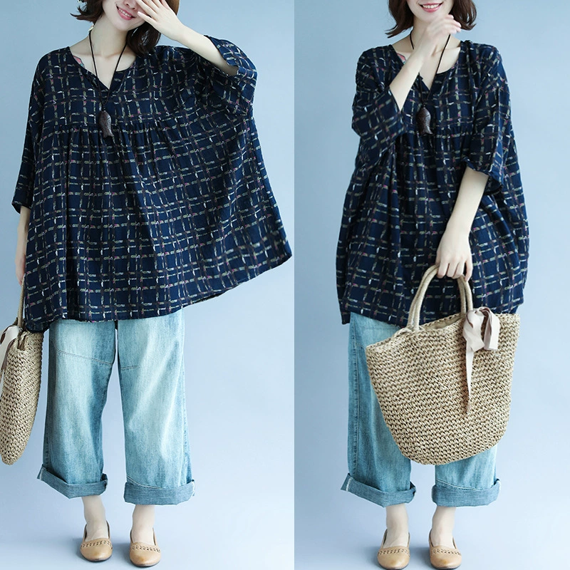 Свободная женская футболка оверсайз больших размеров, повседневная, из хлопка и льна, в клетку, с коротким рукавом, новинка ранней осени 2025, оптом