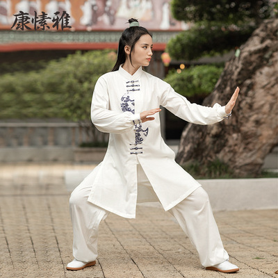 Women's loose martial arts clothes adult thickened warm Taifu men's long sleeve printed morning exercise Kungfu clothes