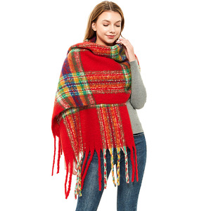 Seasonal loop yarn polyester women warm and thickened tassel Plaid Scarf